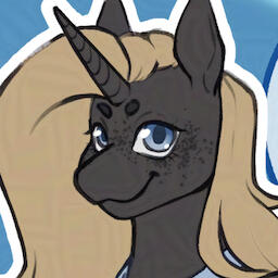 Icon of Quiet Waters, a charcoal colored unicorn pony with blonde hair and a wry grin